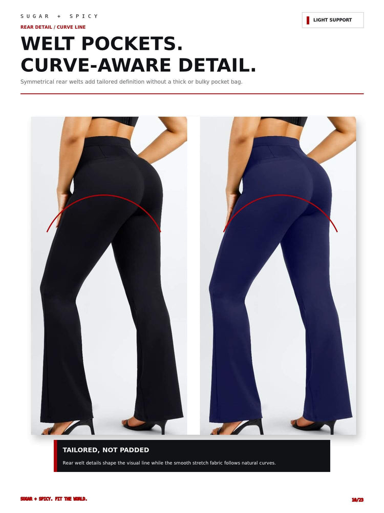 A catalog page showing two rear-view models wearing high-waisted flared leggings in black and navy, with text describing welf pockets and curve-aware detail.