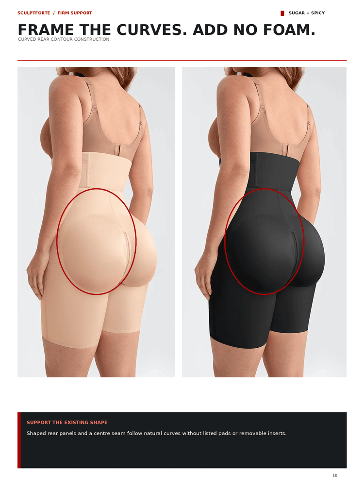 A promotional comparison graphic showing two rear-view model shots wearing shapewear underwear. The left model wears a light beige shapewear brief, and the right model wears a black shapewear brief.