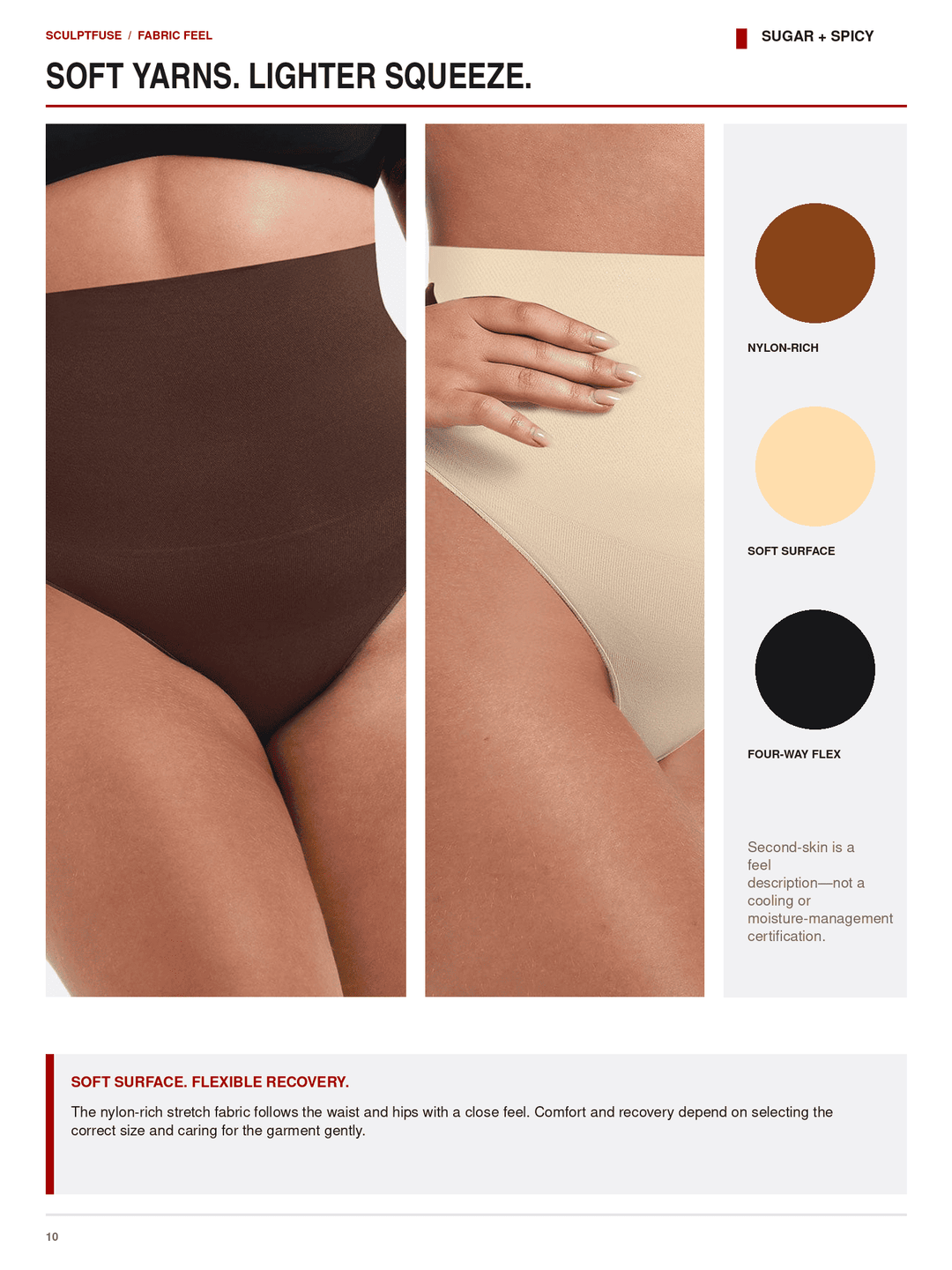 A catalog page for Sculptifique high-waisted underwear, showing close-up views of a model wearing the garment in three colorways: satin-rich brown, soft surface beige, and four-way flex black. The page includes text describing the &