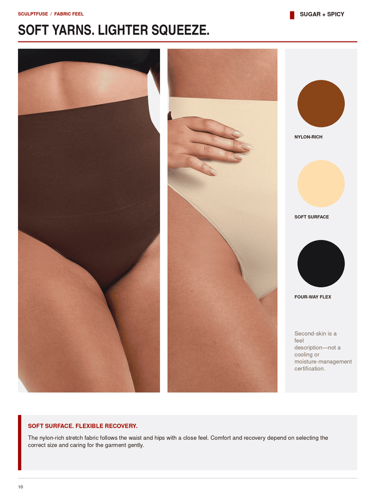 A catalog page for Sculptifique high-waisted underwear, showing close-up views of a model wearing the garment in three colorways: satin-rich brown, soft surface beige, and four-way flex black. The page includes text describing the 'Soft Yarns.