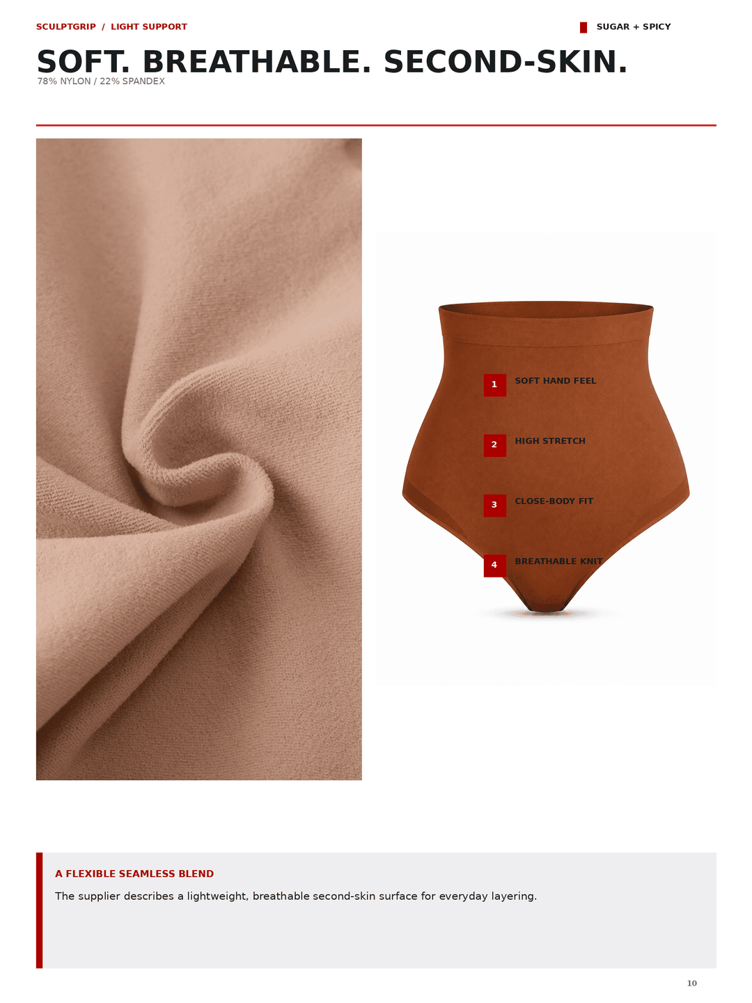 Product information page for a breathable second-skin underwear or bodysuit in a warm tan/camel color, showing a fabric texture close-up on the left and a 3D garment outline on the right with feature callouts.