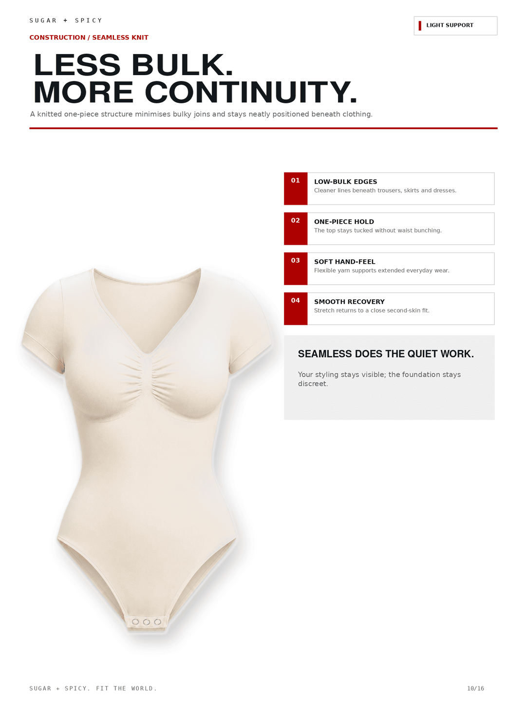 A beige seamless mock-tummy bodysuit displayed on a white marketing page with text callouts about construction and fit. The page includes the headline &