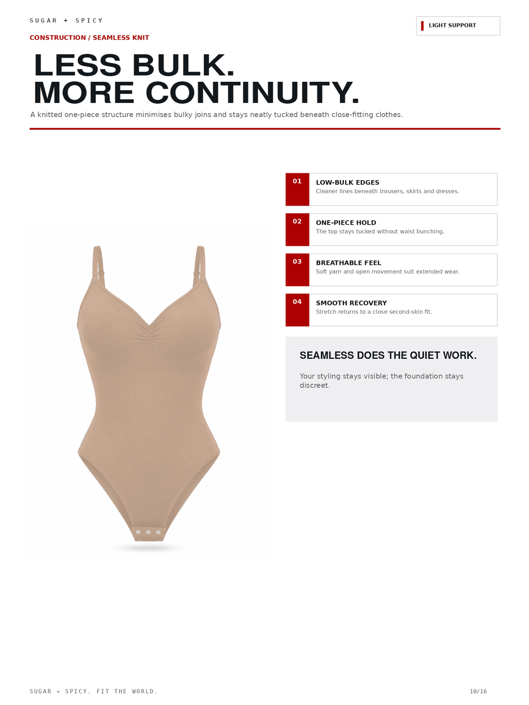 A beige seamless one-piece bodysuit displayed on a white marketing page with text callouts about construction and fit. The page includes the headline &
