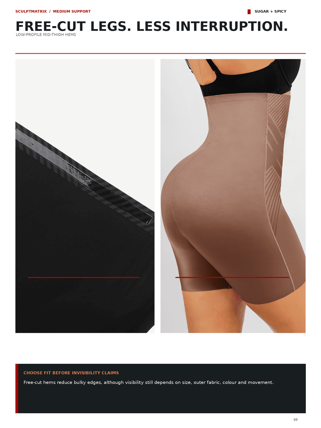 A model wearing high-waisted shapewear underwear in a warm taupe-brown color, shown from the back and side against a light gray studio background. The page includes marketing text and a close-up detail of a black seamless fabric panel.