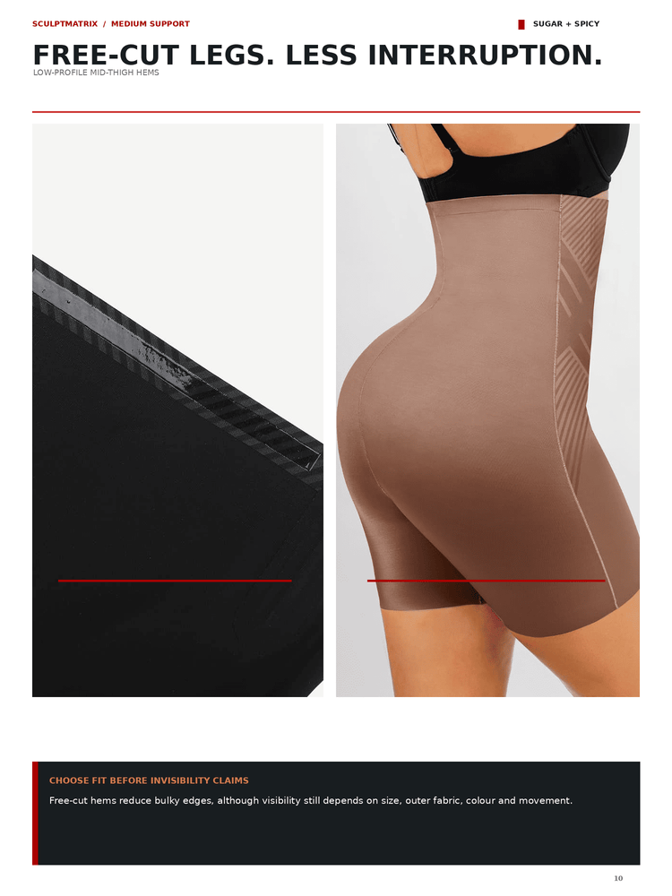 A model wearing high-waisted shapewear underwear in a warm taupe-brown color, shown from the back and side against a light gray studio background. The page includes marketing text and a close-up detail of a black seamless fabric panel.