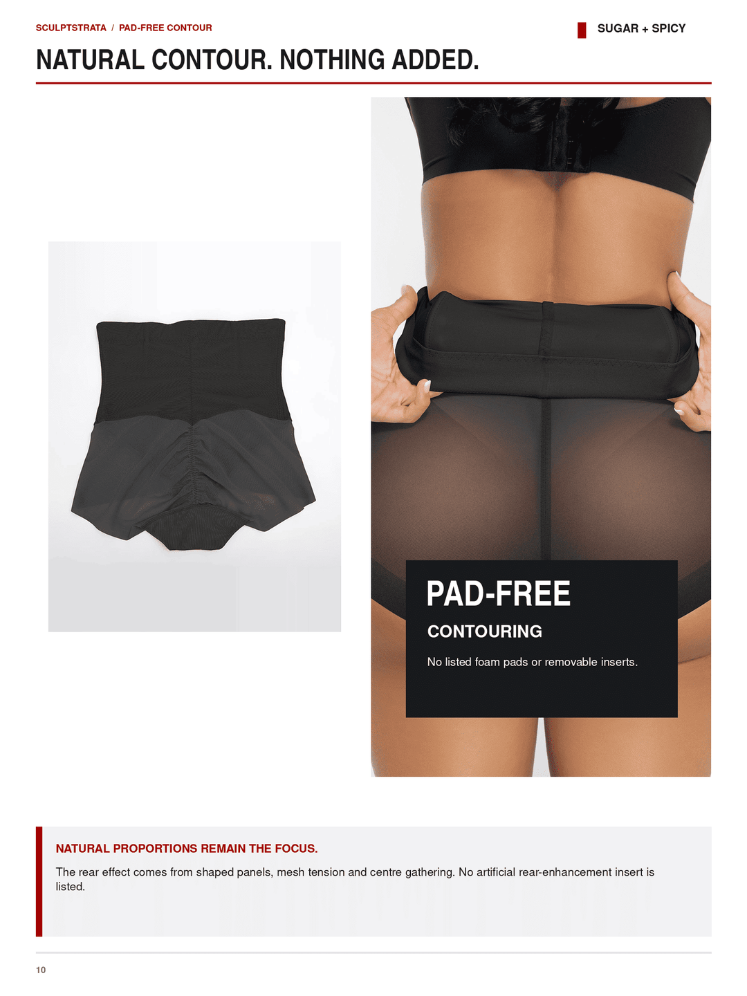 A product catalog page for a black high-waisted contour shapewear brief. The page features a flat-lay product shot on the left and a model wearing the shapewear on the right, with text overlays describing the product as &