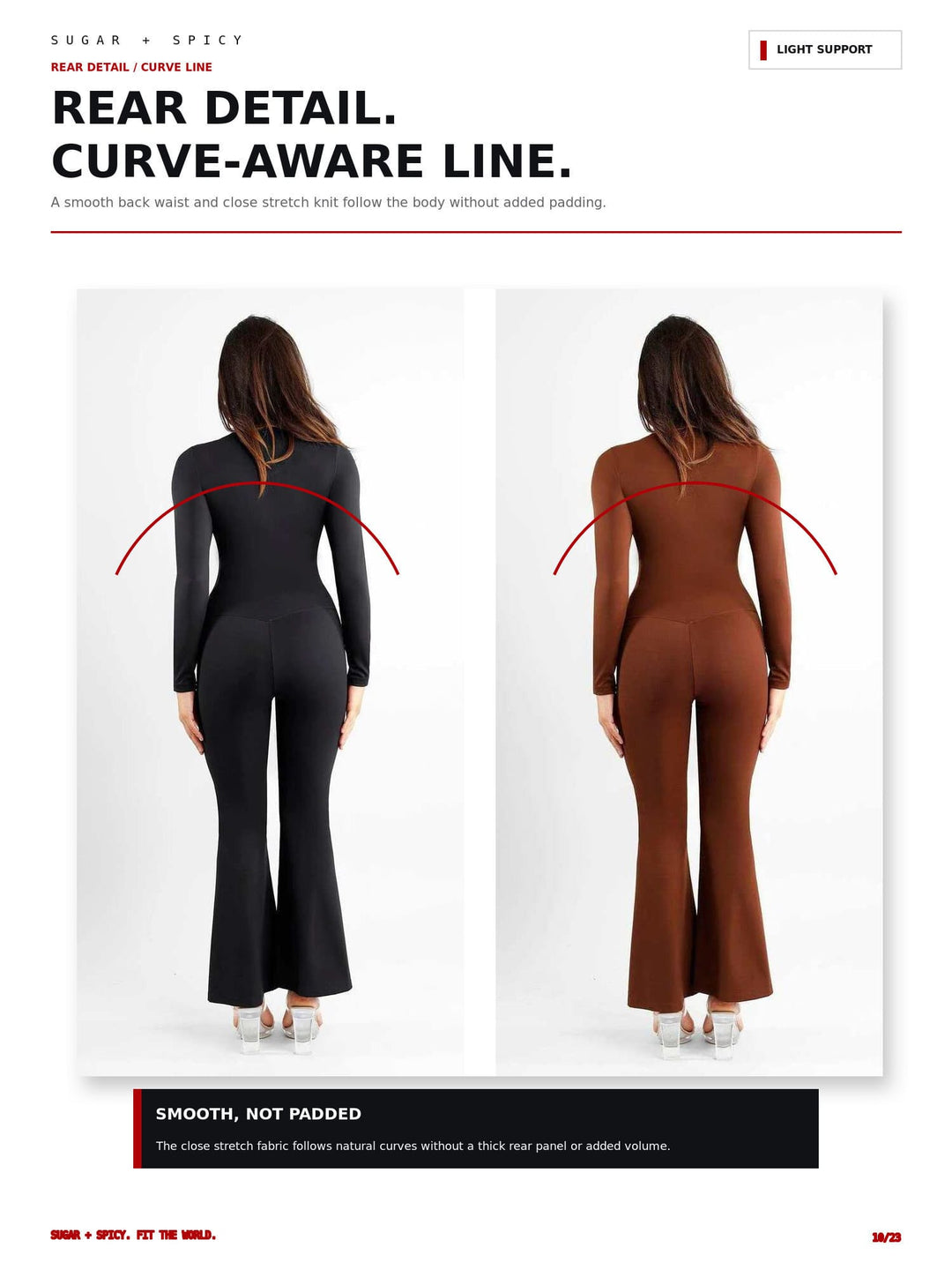 A product comparison graphic showing two women from the back wearing fitted long-sleeve jumpsuits, one in black and one in brown, with red curved lines highlighting the back fit. Text at the top reads &