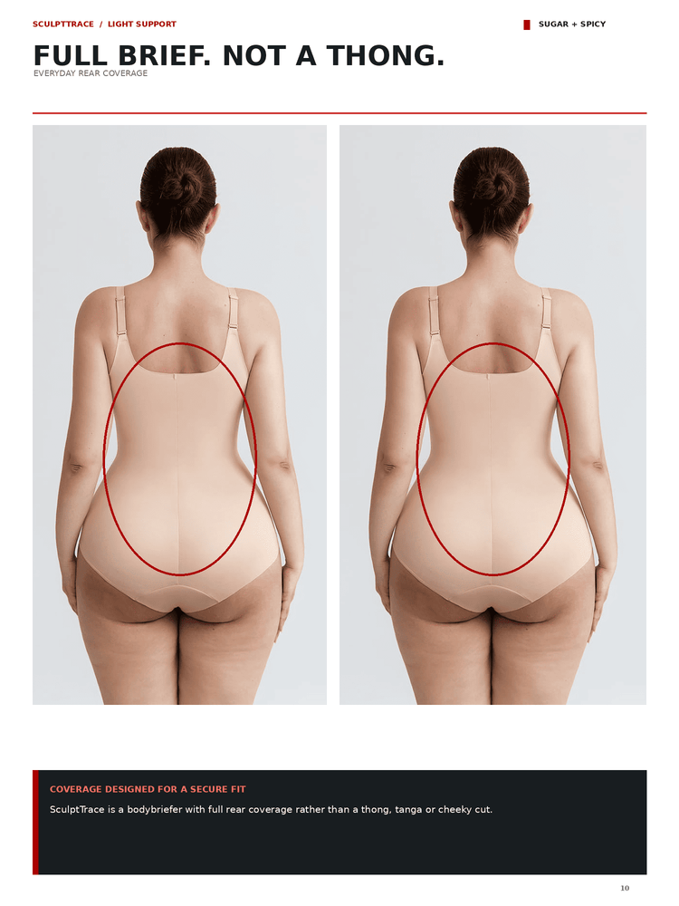 A product comparison graphic showing two back views of a woman wearing a nude seamless bra, with the left image circled in red to indicate lack of coverage and the right image showing full coverage. Text at the top reads 'FULL BRIEF.