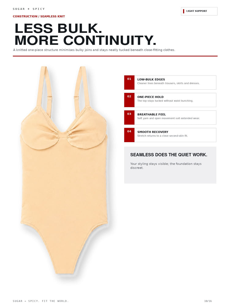 A beige seamless one-piece swimsuit with a sweetheart neckline and bow detail, displayed on a white background with product feature text on the right.