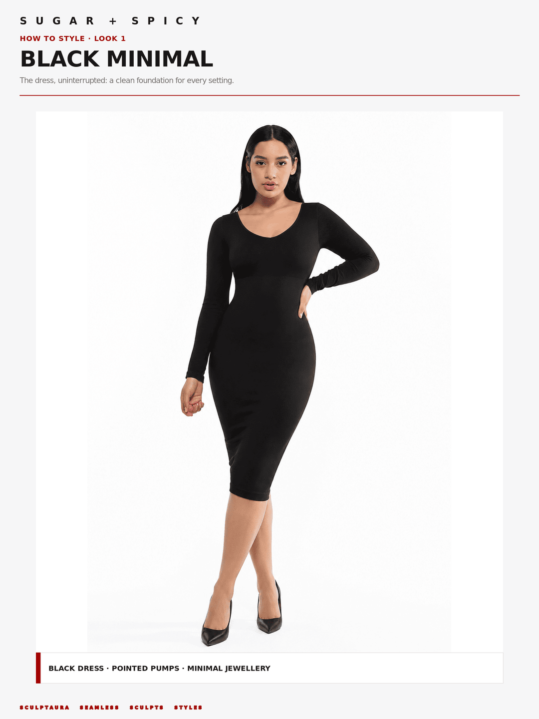 A woman modeling a fitted black long-sleeve midi dress against a plain white studio background, with text at the top reading &