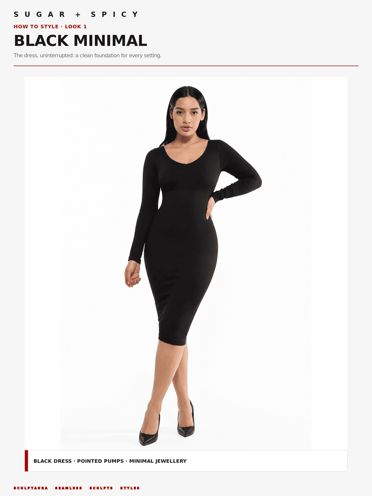 A woman modeling a fitted black long-sleeve midi dress against a plain white studio background, with text at the top reading 'SUGAR + SPICY' and 'BLACK MINIMAL' plus 'BLACK DRESS' at the bottom.