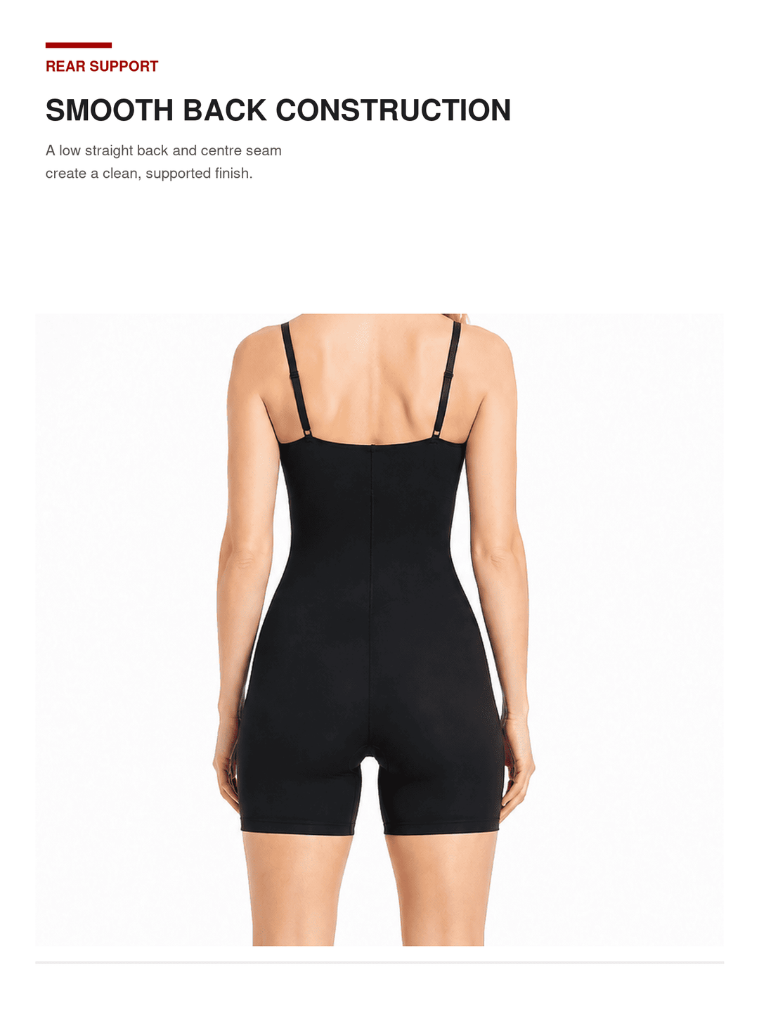 A black shapewear bodysuit with a smooth back and thin shoulder straps, shown on a model from the rear against a white background with marketing text at the top.