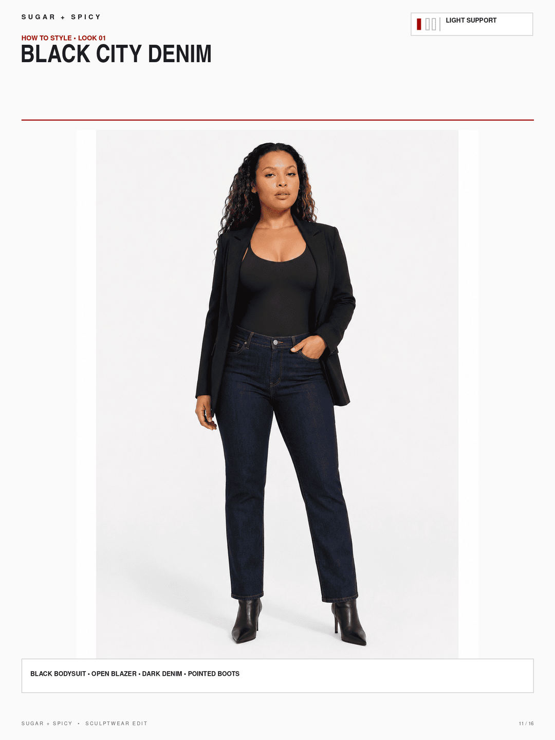 A model stands against a light gray studio background wearing a black blazer, black top, dark blue denim jeans, and black ankle boots. The image includes text headers reading &