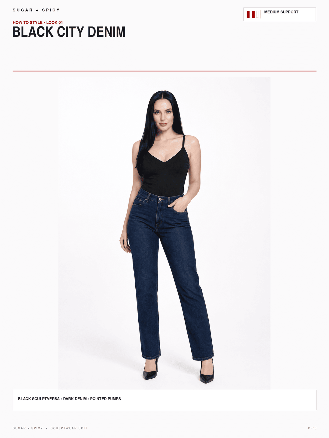 A fashion catalog page showing a model wearing dark blue denim jeans and a black camisole, with text reading &