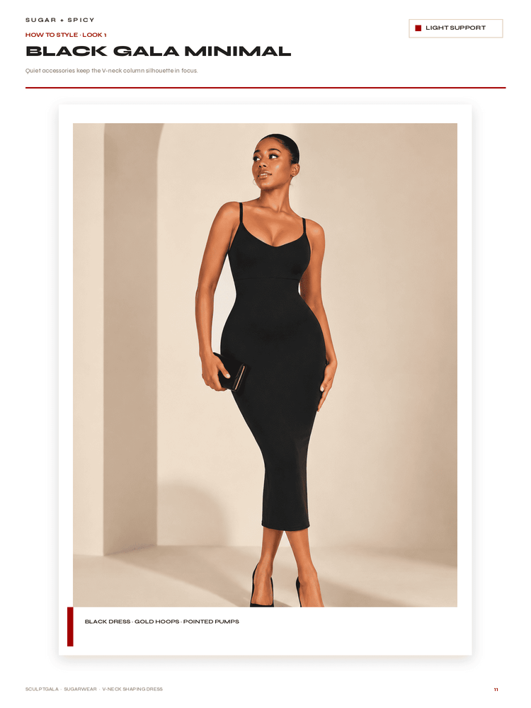 A model wearing a black spaghetti-strap midi dress with a plunging neckline, styled with pointed pumps and a clutch, set against a minimalist beige studio backdrop. The image is presented as a catalog page titled 'BLACK GALA MINIMAL'.