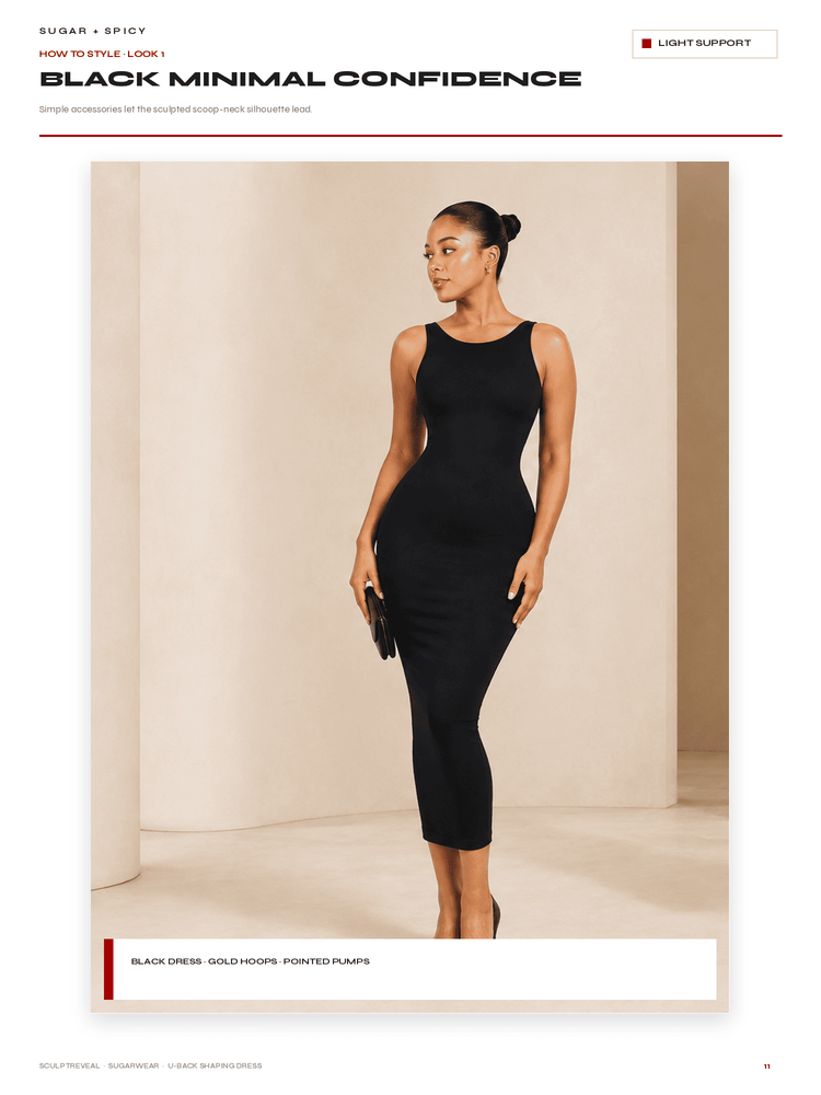 A model wearing a sleeveless black bodycon midi dress, styled with black pointed pumps and a small black clutch, standing in a minimalist beige studio setting. The image is presented as a catalog page titled 'Black Minimal Confidence'.