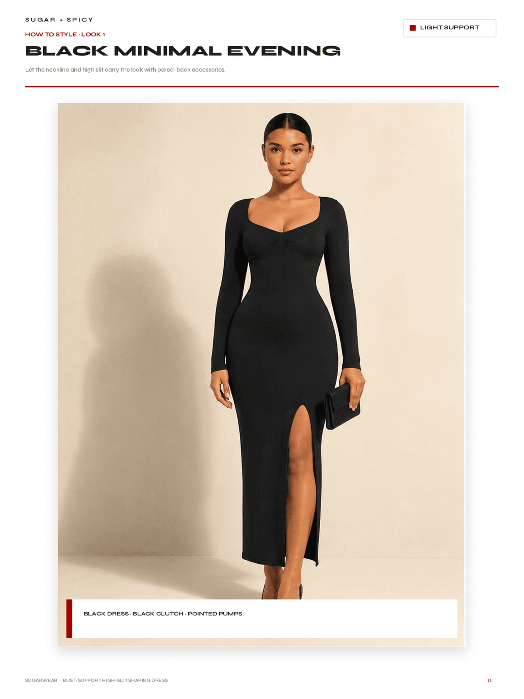 A model wearing a black long-sleeve midi dress with a scoop neckline and a high thigh slit, holding a black clutch. The image is presented on a styled catalog page with text headers reading &