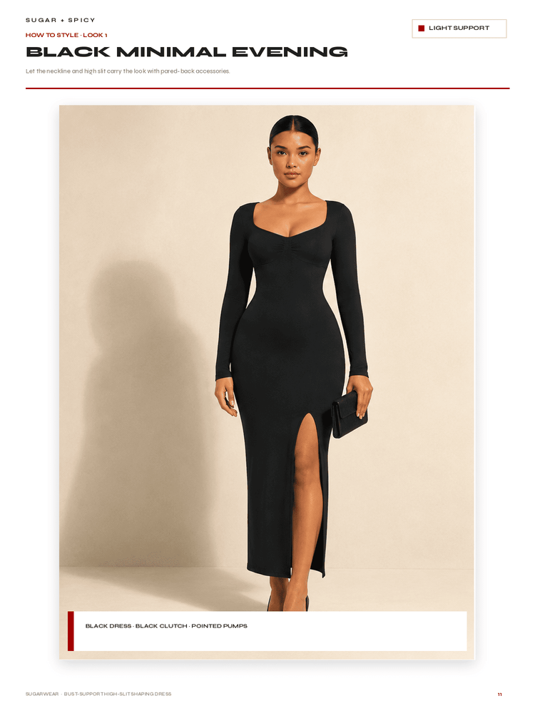A model wearing a black long-sleeve midi dress with a scoop neckline and a high thigh slit, holding a black clutch. The image is presented on a styled catalog page with text headers reading 'BLACK MINIMAL EVENING' and 'LIGHT SUPPORT'.