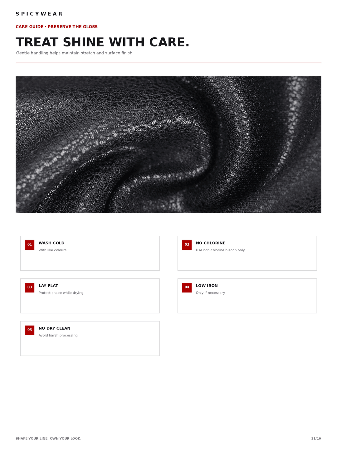 A care guide page for Spicywear, featuring a close-up texture photo of a black leather-like material with the headline &