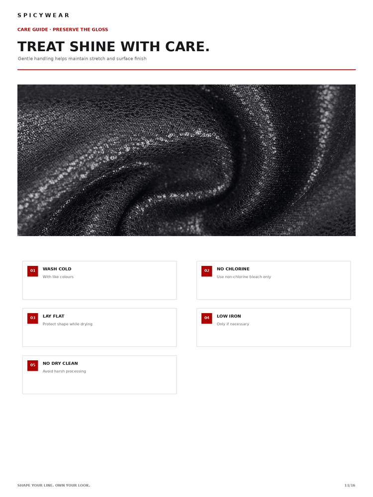 A care guide page for Spicywear, featuring a close-up texture photo of a black leather-like material with the headline 'TREAT SHINE WITH CARE.' and care instructions listed below in boxes.