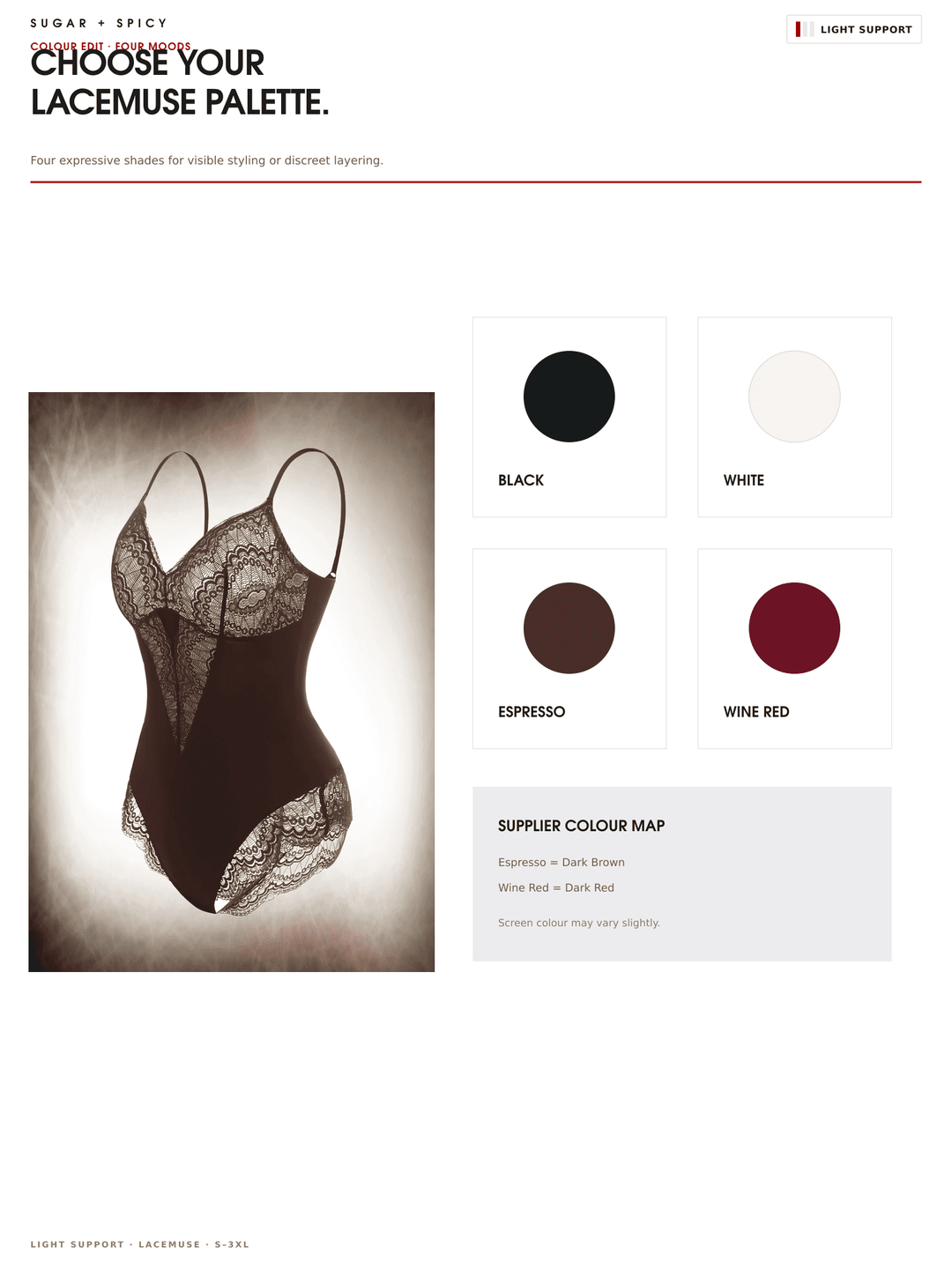 A color palette and shade guide page for a lingerie brand, featuring a black lace bodysuit on the left and four color swatches labeled Black, White, Espresso, and Wine Red on the right, with text reading &