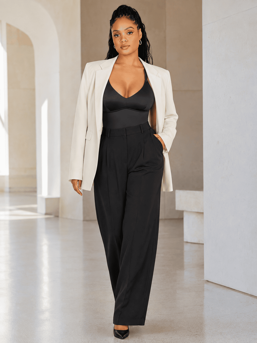 SatinSculpt Deep-V Thong Bodysuit