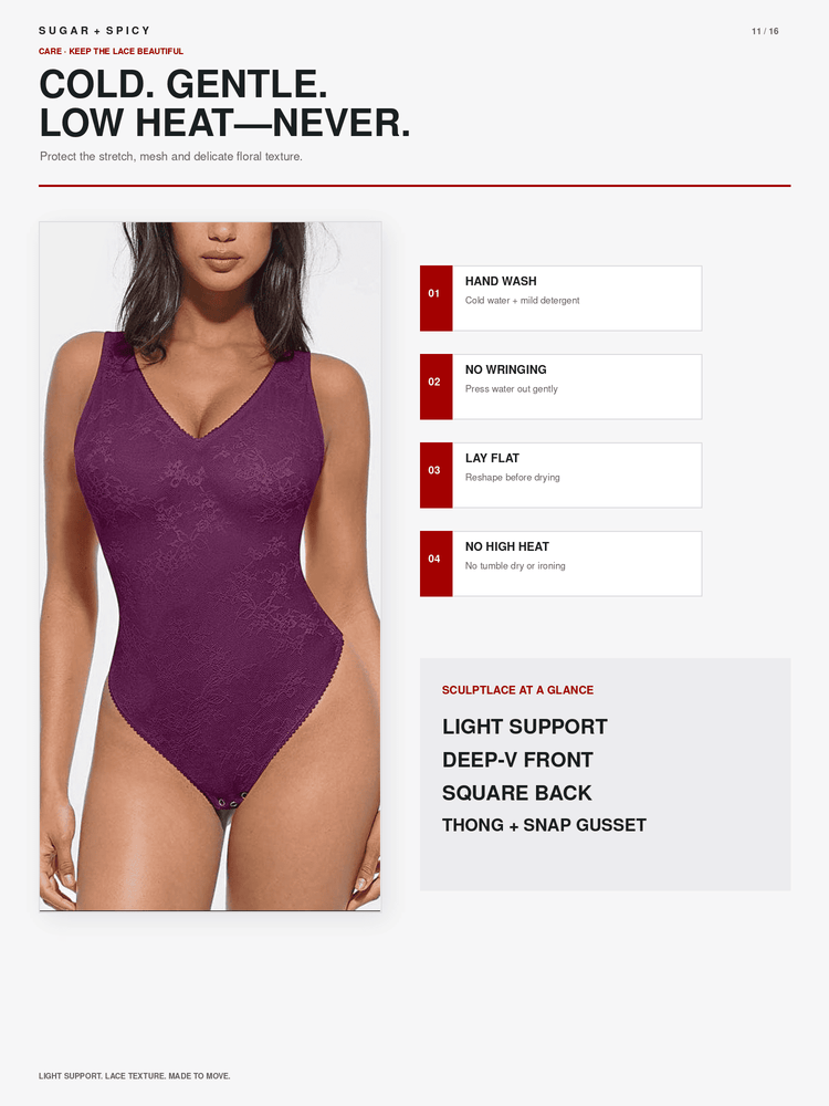 A model wears a sleeveless lace one-piece swimsuit in a deep purple shade against a light gray background. The image includes product text, care instructions, and feature callouts on the right side.