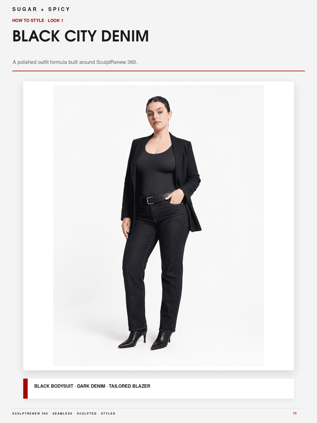 A model wearing a black tailored blazer, black pants, and a black top stands against a light gray studio background. The image is part of a fashion catalog page titled &