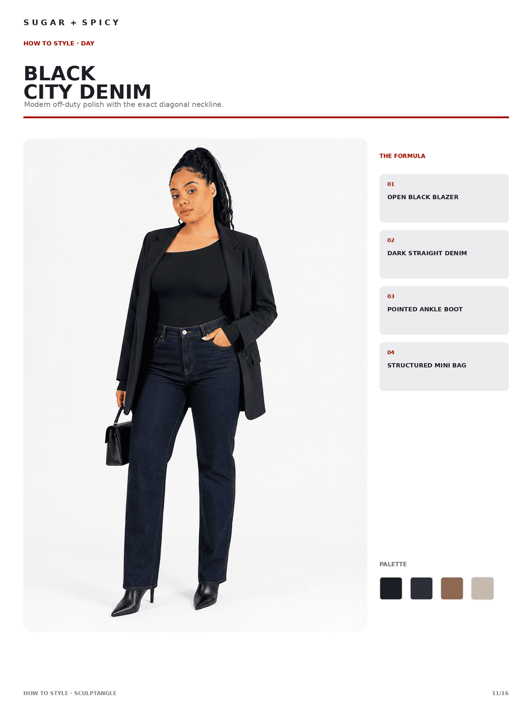 A fashion catalog page showing a model wearing a black blazer and dark denim jeans against a white background, with text reading &