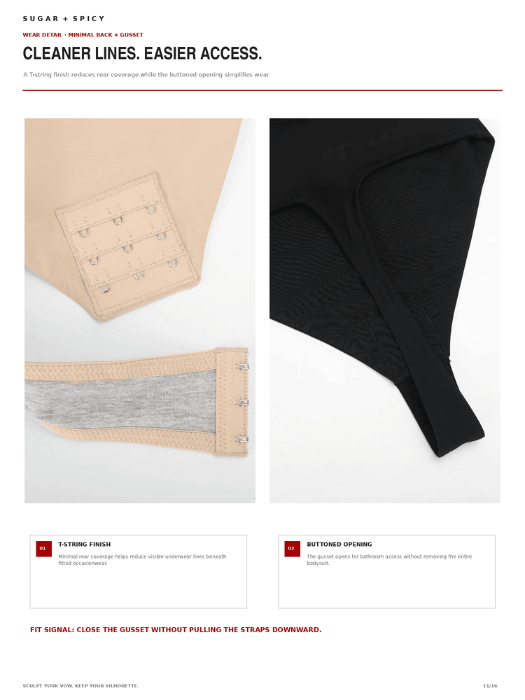A catalog page showing close-up views of a beige and black bodysuit or bralette construction, with text callouts describing features such as 5-string finish and buttoned opening. This is not a clean standalone product photo and functions as an explanatory detail sheet, so Instruction Diagram fits better than Product/Packaging.
