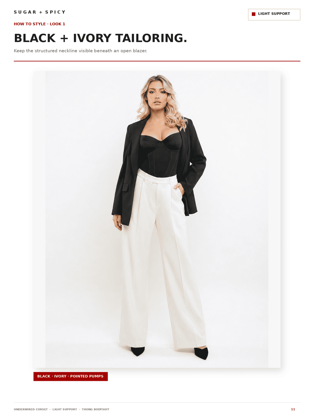 A fashion editorial page showing a model wearing a black structured blazer over a black sweetheart top and high-waisted ivory wide-leg trousers, with text reading &
