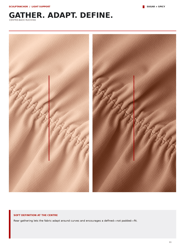 A catalog page showing two close-up fabric texture panels with gathered seams, captioned 'GATHER. ADAPT.