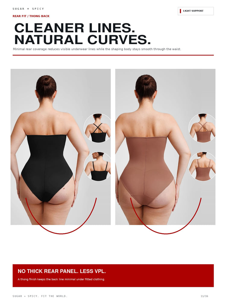 A promotional comparison graphic for a shapewear bodysuit, showing two rear-view photos of a woman wearing the garment. The left panel shows a black bodysuit, and the right panel shows a nude-brown bodysuit.