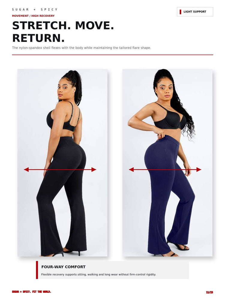 A product informational page showing two models wearing flared leggings in different colors, with arrows indicating the waistband stretch and the side stretch. The page includes text about stretch, move, return, and four-way comfort.