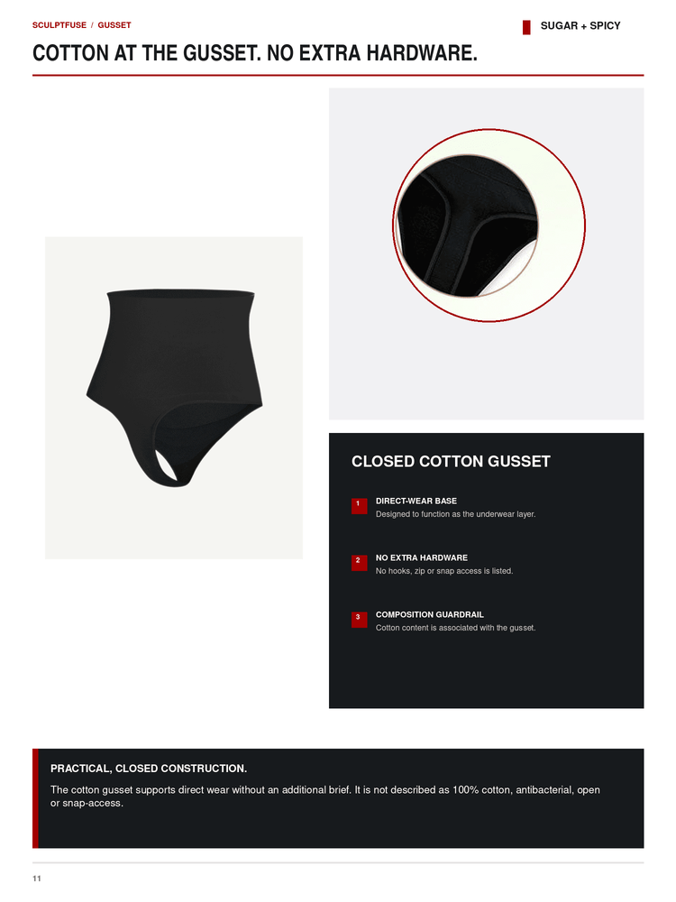 Product information page for a closed cotton gusset underwear brief, showing the black underwear silhouette, a circular inset detail, and text describing the direct-wear base, no extra hardware, and composition gusset.