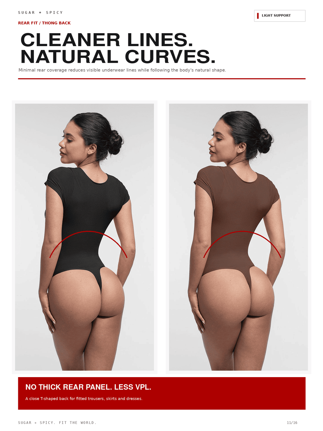 A promotional apparel graphic showing two rear-view models wearing fitted bodysuits, one black and one brown, with text about cleaner lines and natural curves. The image includes a red footer bar and branding at the top.