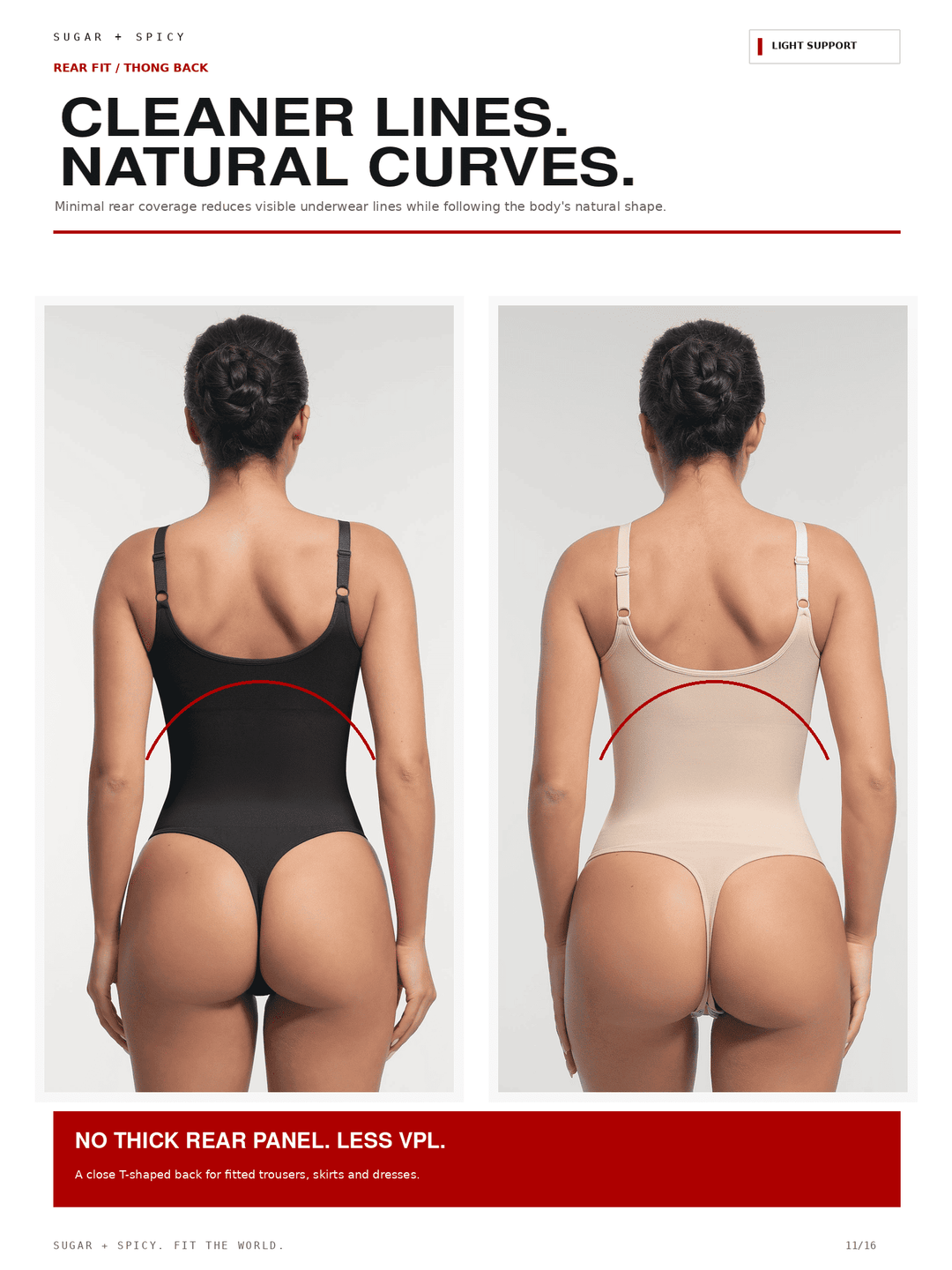 A promotional comparison graphic showing two women from the back wearing bodysuit/teddy styles. The left model wears a black bodysuit with a red curved line indicating a thicker rear panel, and the right model wears a light beige bodysuit with a red curved line indicating a thinner rear panel.