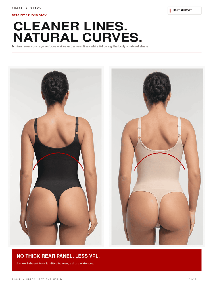 A promotional comparison graphic showing two women from the back wearing bodysuit/teddy styles. The left model wears a black bodysuit with a red curved line indicating a thicker rear panel, and the right model wears a light beige bodysuit with a red curved line indicating a thinner rear panel.