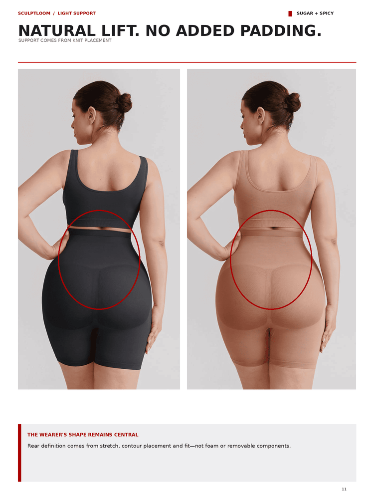A side-by-side comparison showing two views of a woman from the back wearing two different colored waist-trimming shapewear garments. The left garment is black and labeled as 'Sculpture' / 'Light Support', and the right garment is beige and labeled as 'Natural Lift' / 'No Added Padding'.