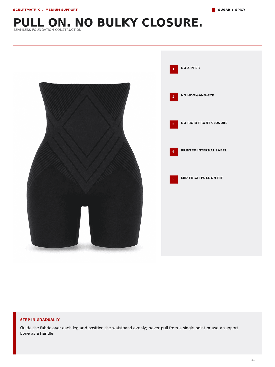 A black compression shapewear brief with a textured diamond pattern, shown on a white page with product features and text.