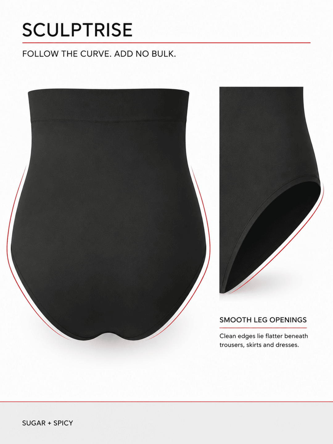 Black high-waisted shapewear briefs shown on a white background with a side close-up. Text reads &