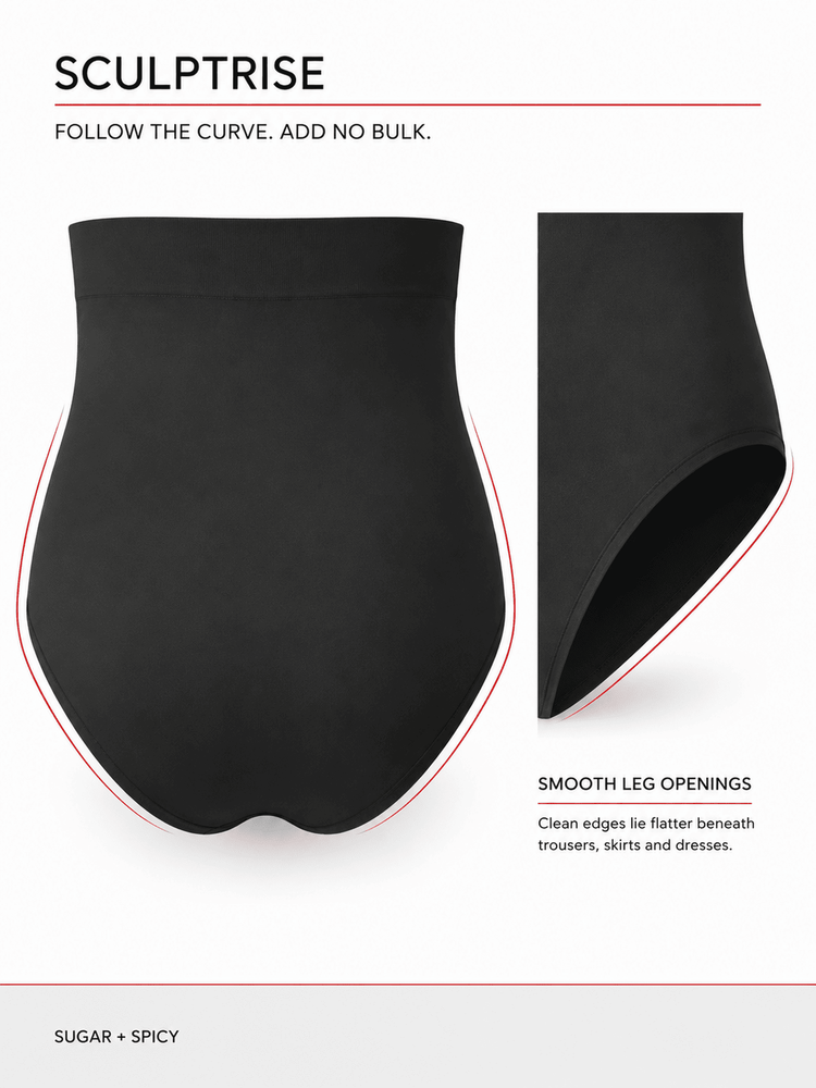 Black high-waisted shapewear briefs shown on a white background with a side close-up. Text reads 'SCULPTRISE' and 'SMOOTH LEG OPENINGS' with small red outline guidance.