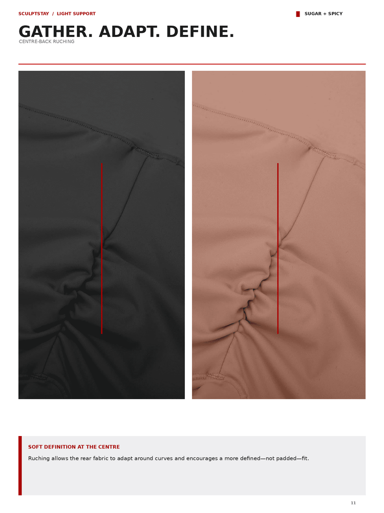 A catalog page showing two close-up views of a puffed garment fabric side by side, one in black and one in a warm dusty rose/tan shade. The page includes the text 'GATHER.