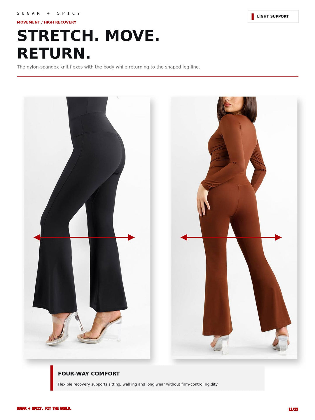 A product marketing page showing two models wearing high-waisted flared knit pants in black and rust brown, demonstrating stretch and recovery. The page includes text highlighting features like &