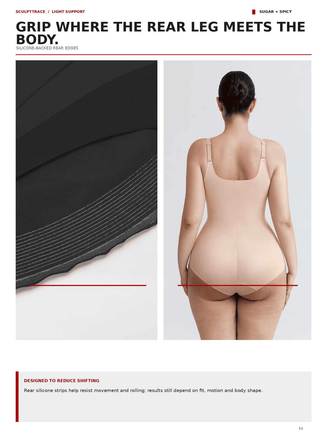 Product marketing page for a silicone back support pad. The page features a close-up of the black textured silicone edge on the left, a model from behind wearing the beige shapewear bodysuit on the right, and descriptive text at the top and bottom.