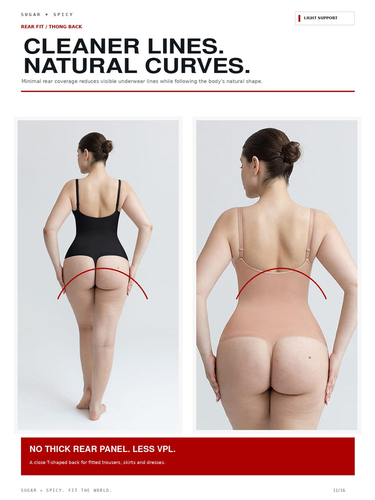 A promotional comparison graphic for a women's underwear back panel, showing two back views of a woman wearing black and nude-toned bottoms. Large text reads 'CLEANER LINE.