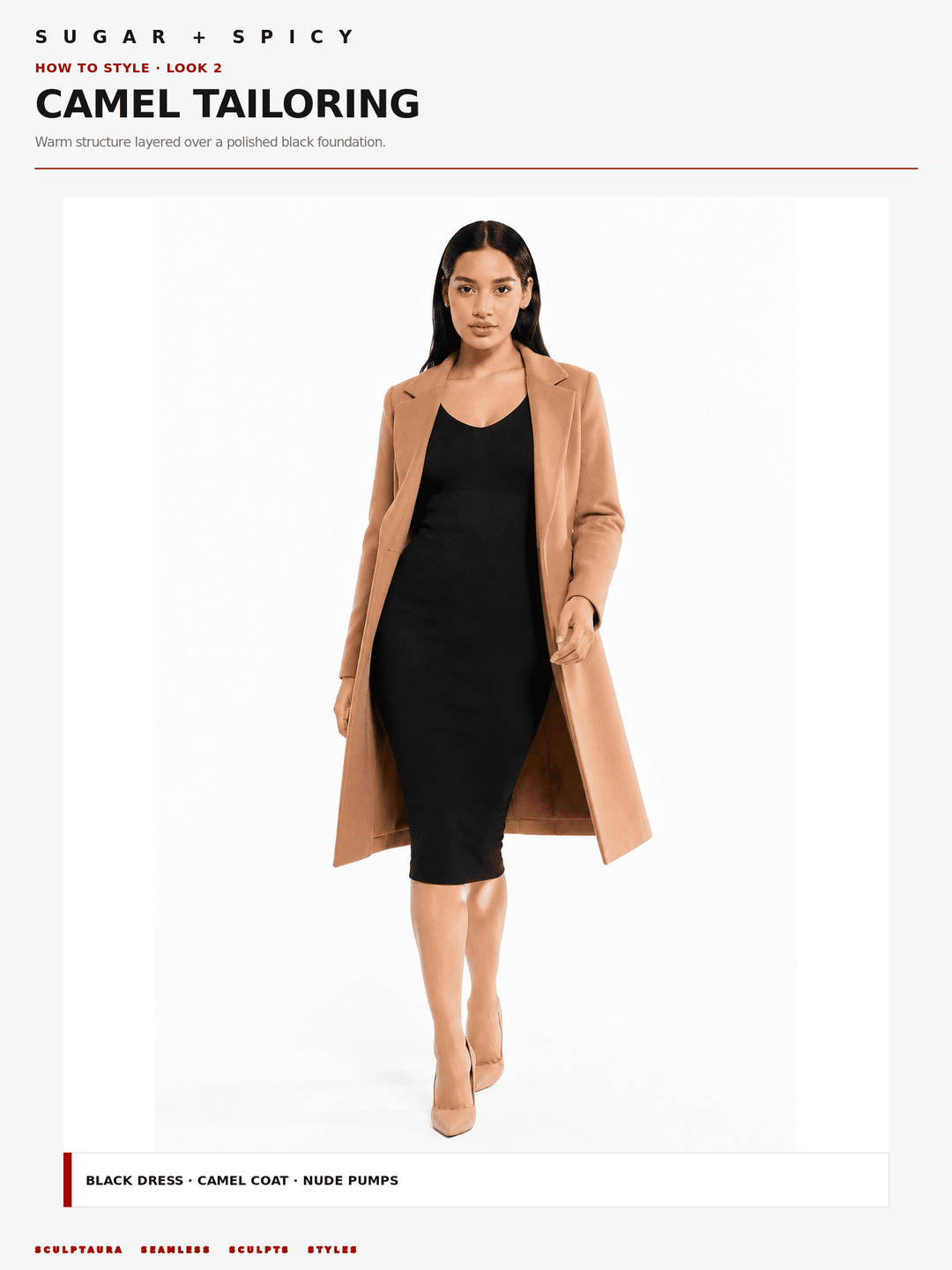 A model wearing a camel tailcoat over a black dress, shown in a catalog-style layout with text reading &