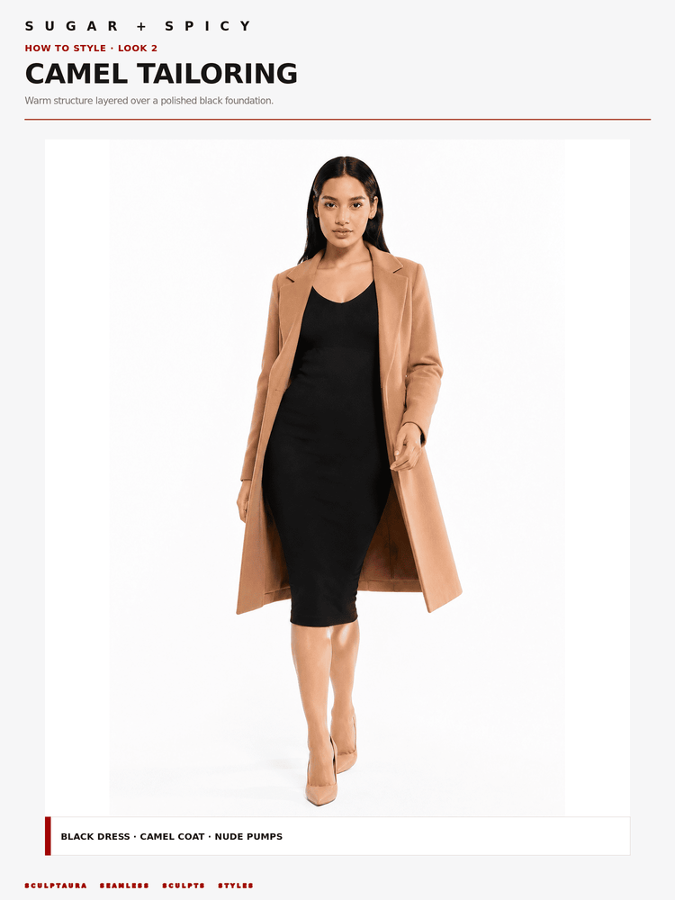 A model wearing a camel tailcoat over a black dress, shown in a catalog-style layout with text reading 'SUGAR + SPICY', 'HOW TO STYLE - LOOK 2', and 'CAMEL TAILORING'.