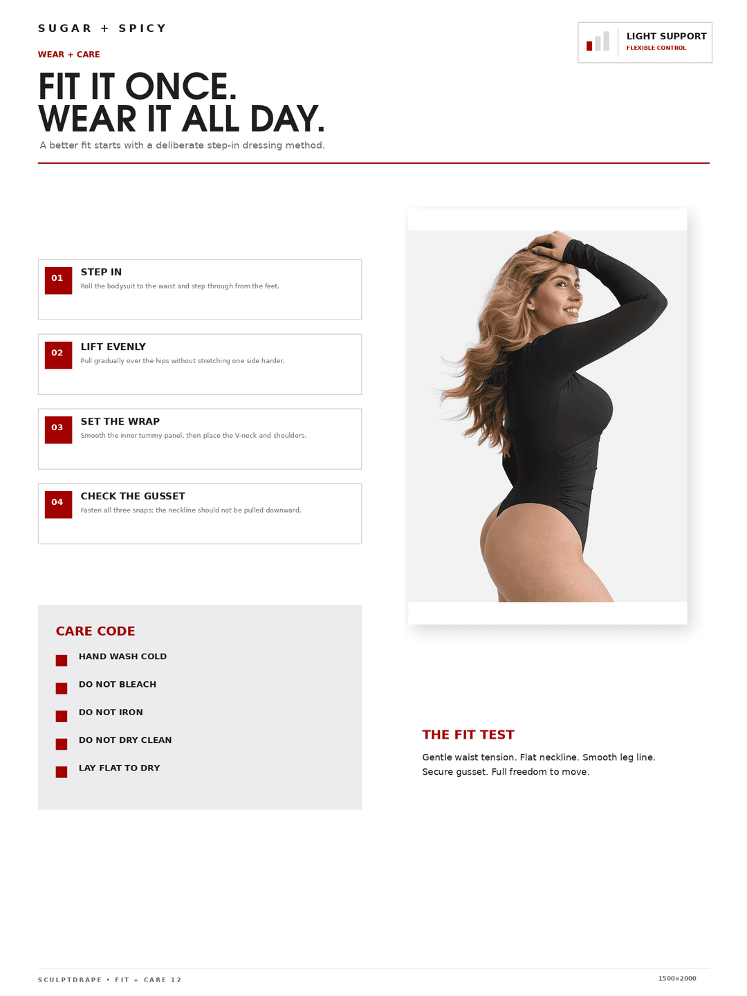 A fit guide infographic for a bodysuit, featuring text instructions on how to wear and care for the garment alongside a model wearing the black long-sleeve bodysuit.