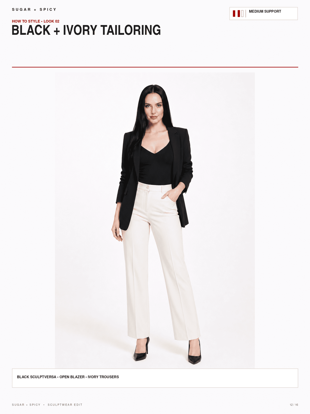 A fashion editorial page showing a model wearing a black blazer, black top, and ivory wide-leg trousers against a white studio background, with text reading &